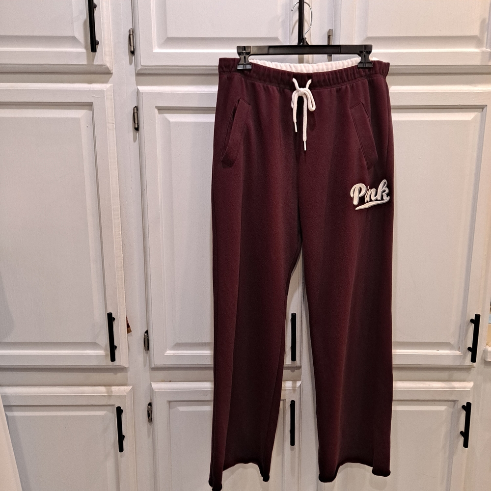 PINK Victoria's Secret Maroon Wide Leg Boyfriend Sweatpants Cotton Fleece